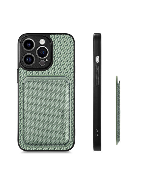 Grön iPhone 14 Pro Max skal med korthållare, visad från sidan med kortfacket i en annan vinkel