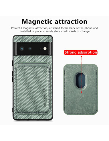 Baksidan av det gröna skalet för Google Pixel 6A med korthållare avtagbar, visad med fokus på magnetisk fäste