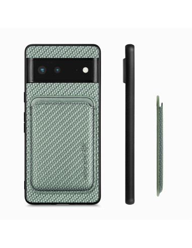 Detaljvy av det gröna stöttåliga skalet för Google Pixel 6A med korthållare, sett från sidan
