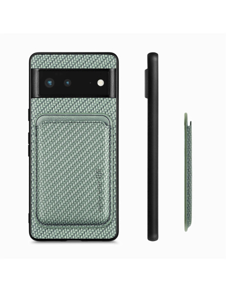 Detaljvy av det gröna stöttåliga skalet för Google Pixel 6A med korthållare, sett från sidan