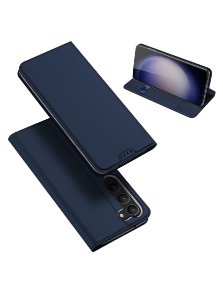 Blått Samsung S23 FE-skal med kortfack, visat från sidan och i öppet läge