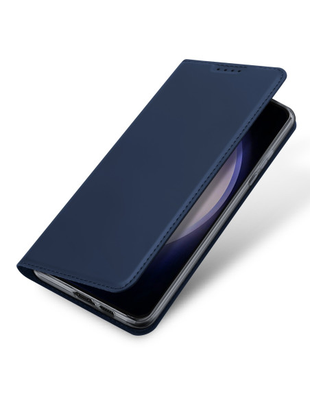 Blått Samsung S23 FE-skal med kortfack, stängt vy som visar sidan