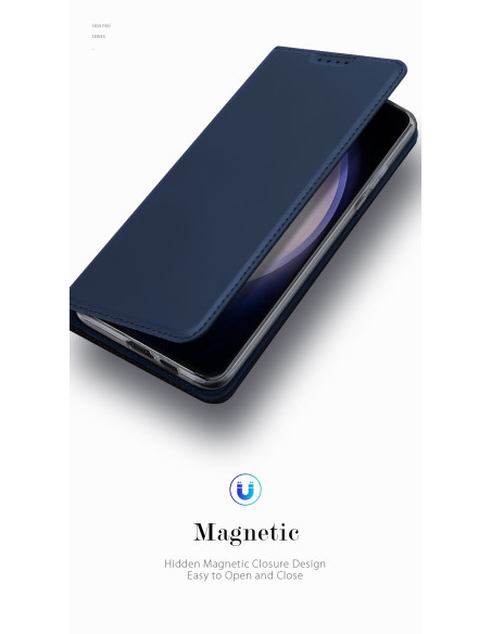 Blått Samsung S23 FE-skal med kortfack, visat i vinklad vy som framhäver den magnetiska stängningen