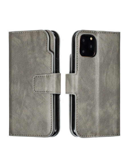 Grå plånboksfodral för iPhone 11 Pro Max med stängd design, sett från sidan