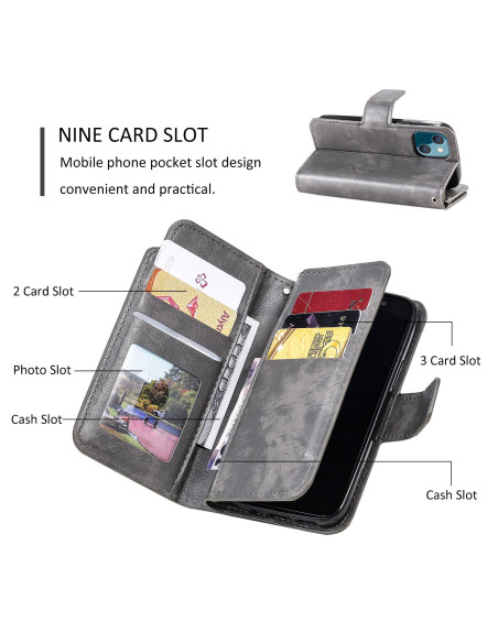 iPhone 13 Praktisk Plånboksfodral med 12-Fack Array V4 - Grå