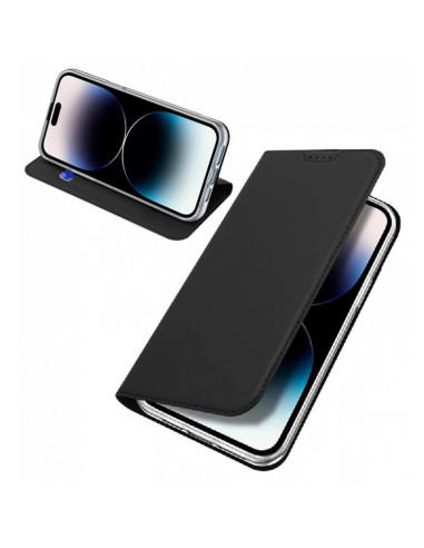 Svart Flipfodral Skin Pro för iPhone 16 Pro Max, stängt med telefon insatt