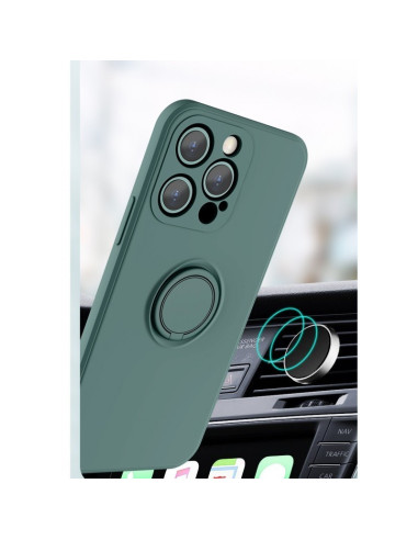 Grön iPhone 16 Pro Max skal med ringhållare, monterad på en bils luftventil i detaljvy