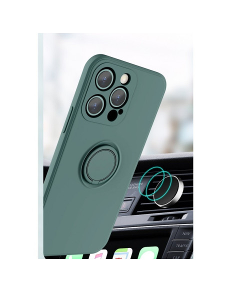 Grön iPhone 16 Pro Max skal med ringhållare, monterad på en bils luftventil i detaljvy