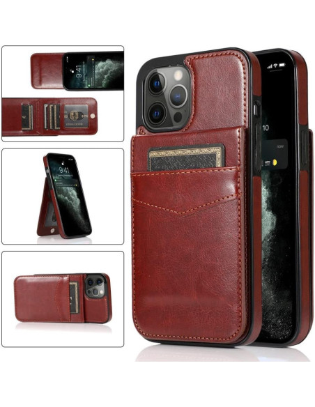 Mobilskal för iPhone 16 Pro Max i retrodesign med kortfack, visad i uppfällt läge med telefon och kort