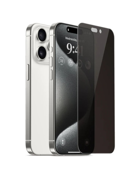 Privacy Härdat glas 0.26mm i närbild, med iPhone 16 Pro Max i bakgrunden