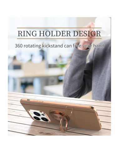 Rosa iPhone 16 Pro Max skal med ringhållare, visat med 360-graders kickstand på ett bord