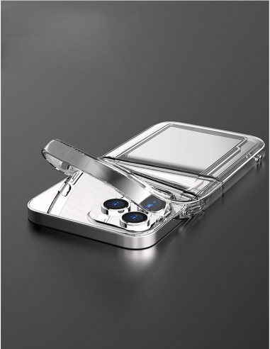 Transparent iPhone 16 Pro Max skal med öppet kortfack, sett från ovan med telefonens baksida och kamerautskärning