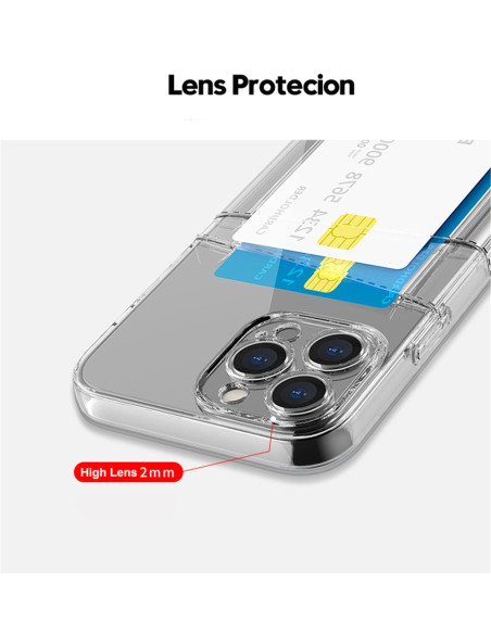 Detaljvy av transparent skal för iPhone 16 Pro Max med kortfack och förstärkt kamerautskärning