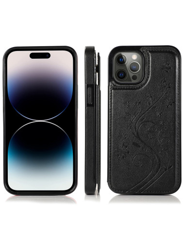 Svart stöttåligt skal med tre korthållare för iPhone 16 Pro Max, visat framifrån och från sidan