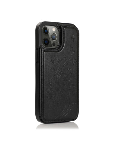 Svart flip-skal för iPhone 16 Pro Max med detaljerad mönstring, visat från sidan