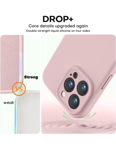 Närbild av rosa gummiskal för iPhone 16 Pro Max som visar kameraskydd och materialets hållbarhet