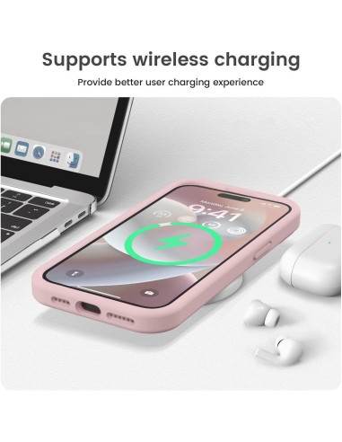 iPhone 16 Pro Max i rosa gummiskal som visar trådlös laddning med laddningssymbol