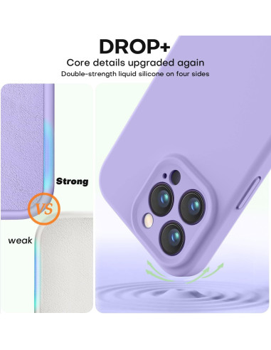 Närbild av lila gummiskal för iPhone 16 Pro Max som visar förstärkta hörn och kameraskydd