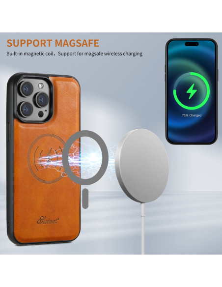 Ljusbrunt khaki Magsafe skal för iPhone 16 Pro Max, med fokus på magnetisk laddning och korthållare i användning