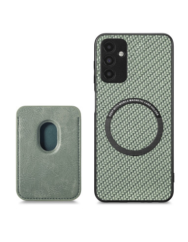 Närbild av det gröna stöttåliga skalet med magnetisk korthållare för Samsung A13 5G och A04s