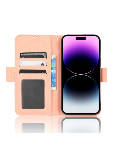 Rosengul plånboksfodral för iPhone 15 Pro Max med öppet lock, kortfack och telefon insatt, sett framifrån