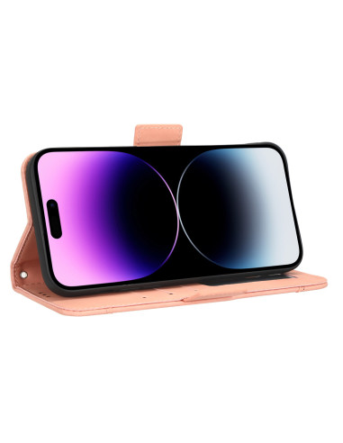 Rosengul plånboksfodral för iPhone 15 Pro Max, öppet med telefon synlig från sidan
