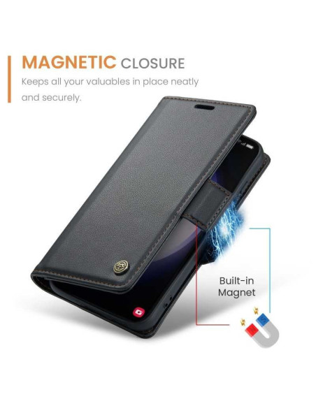 Svart CaseMe Skin Pro Fodral för Samsung A35 5G med fokus på magnetisk stängning och telefon insidan