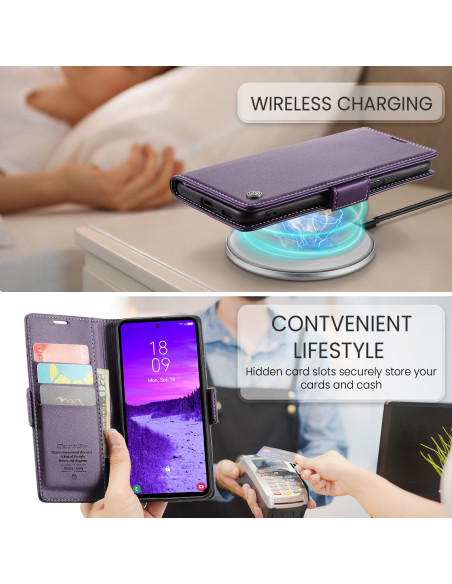 Lila Skin Pro fodral för Samsung S23 med öppet lock och kortfack, placerat på en trådlös laddare