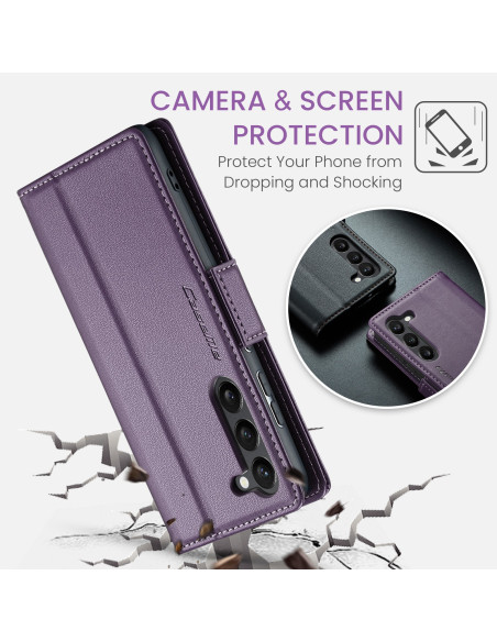 Lila Skin Pro fodral för Samsung S23 med stängt lock och kameraöppning, visad från sidan
