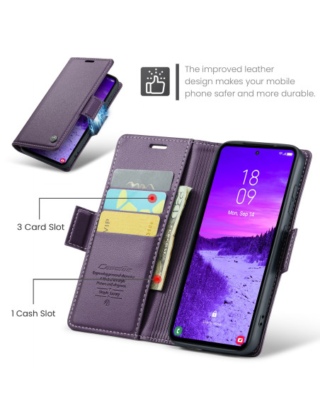 Lila Skin Pro fodral för Samsung S23 med öppet lock, tre kortfack och en kontantficka, visat inifrån