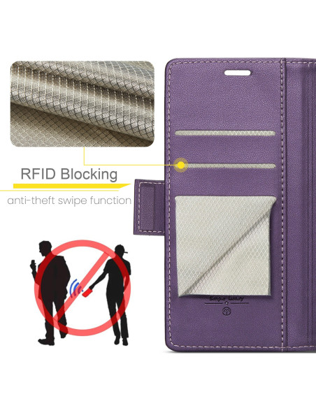 Lila Skin Pro fodral för Samsung S23 med RFID-blockering och kortfack, detaljvy av insidan och materialtextur