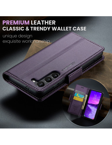 Lila CaseMe Skin Pro fodral för Samsung S22 Plus, öppet med kortfack och telefon i detaljvy