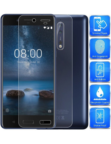 Nokia 8 med härdat glas monterat, visar skärmen och skyddets passform