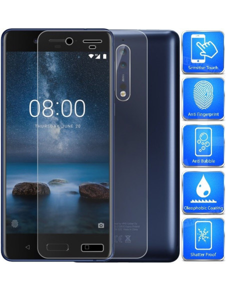 Nokia 8 med härdat glas monterat, visar skärmen och skyddets passform