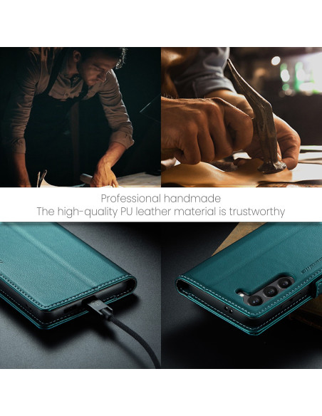 Grönt CaseMe Skin Pro fodral för Samsung S24 Plus, närbild med fokus på material och anslutning