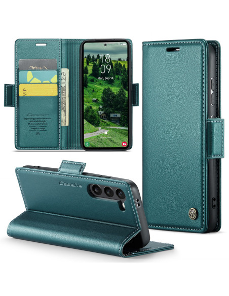 Grönt Skin Pro fodral för Samsung S22, öppet med telefon och kortfack synliga från sidan