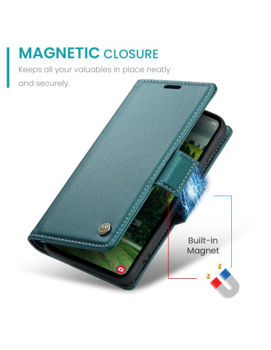Grönt Skin Pro fodral för Samsung S22 med magnetisk stängning, sett från sidan med telefon insatt