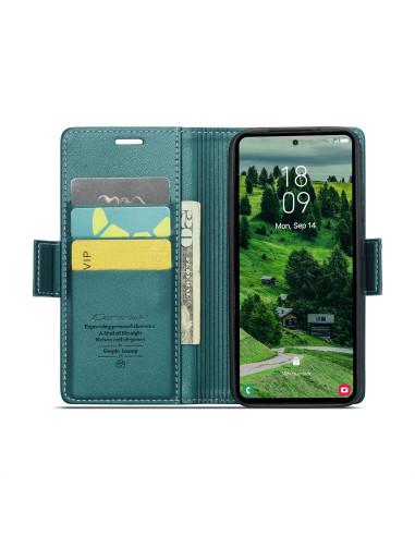Grönt Skin Pro fodral för Samsung S22, öppet med kortfack och telefon synlig i landskapsvy