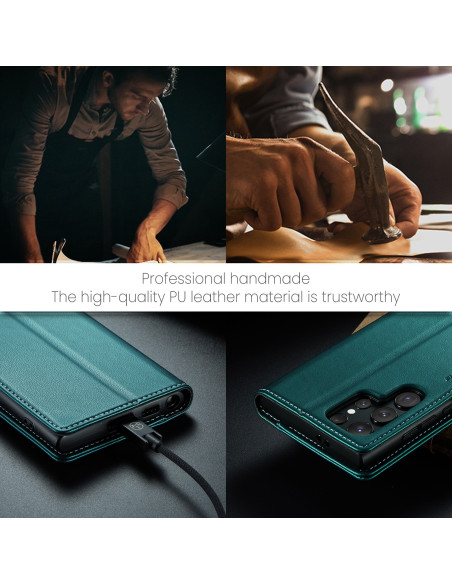 Grönt Skin Pro fodral för Samsung S23 Ultra, visat med laddningsport och textur i fokus