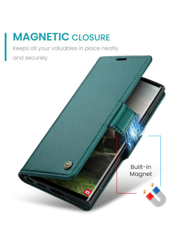 Grönt Skin Pro fodral för Samsung S23 Ultra med magnetisk stängning, sett från sidan