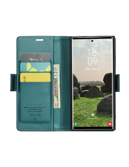 Grönt Skin Pro fodral för Samsung S23 Ultra, öppet med kortfack och mobilskärm i visning