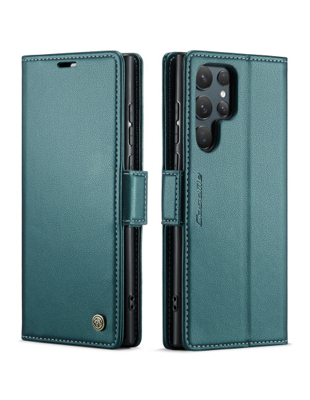 Grönt Skin Pro fodral för Samsung S23 Ultra, stängt med knappstängning och slät yta, sett från sidan