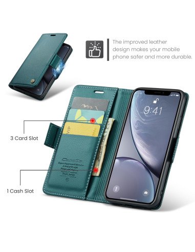 Grönt CaseMe Skin Pro fodral för iPhone XR, öppet med kortfack och telefon i fokus