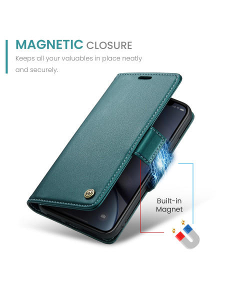 Grönt CaseMe Skin Pro fodral för iPhone XR med magnetisk stängning, telefon delvis synlig