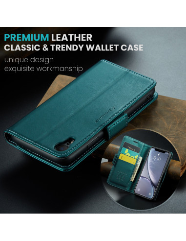 CaseMe Skin Pro fodral i grön för iPhone XR, öppet med kortfack och telefon synlig framifrån