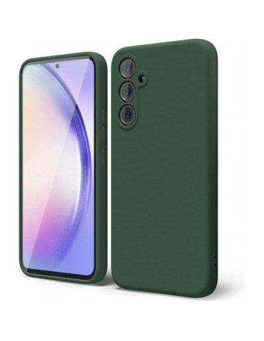 Mattgrönt gummiskal för Samsung A14 med kameraskydd, sett bakifrån och från sidan
