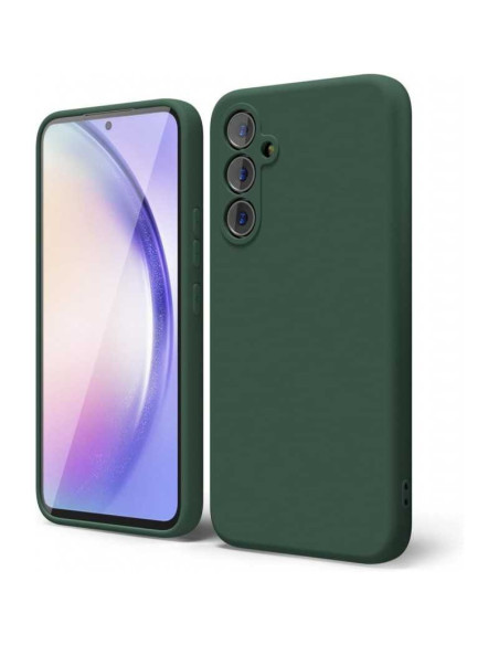 Mattgrönt gummiskal för Samsung A14 med kameraskydd, sett bakifrån och från sidan