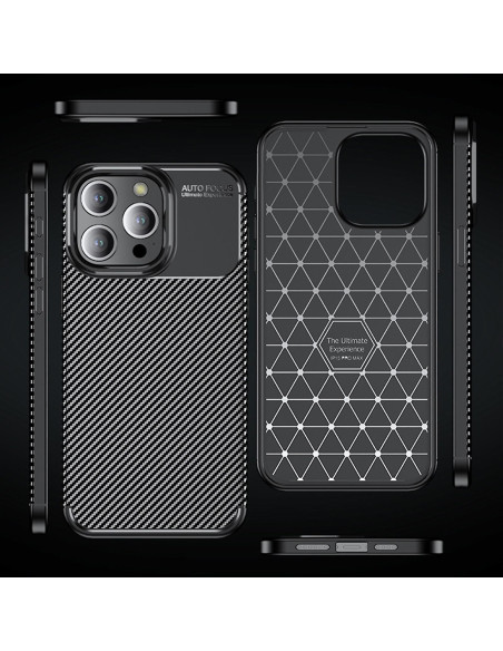 iPhone 16 Pro skal i fullcarbon med mönstrad insida och öppning för kameran, sedd från sidan