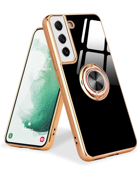 Svart skal med ringhållare för Samsung S21 Plus, sett framifrån med telefon i stående läge