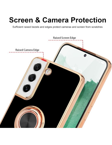 Detaljvy av Samsung S21 Plus skal med ringhållare, visar skyddande kanter runt kameran och skärmen